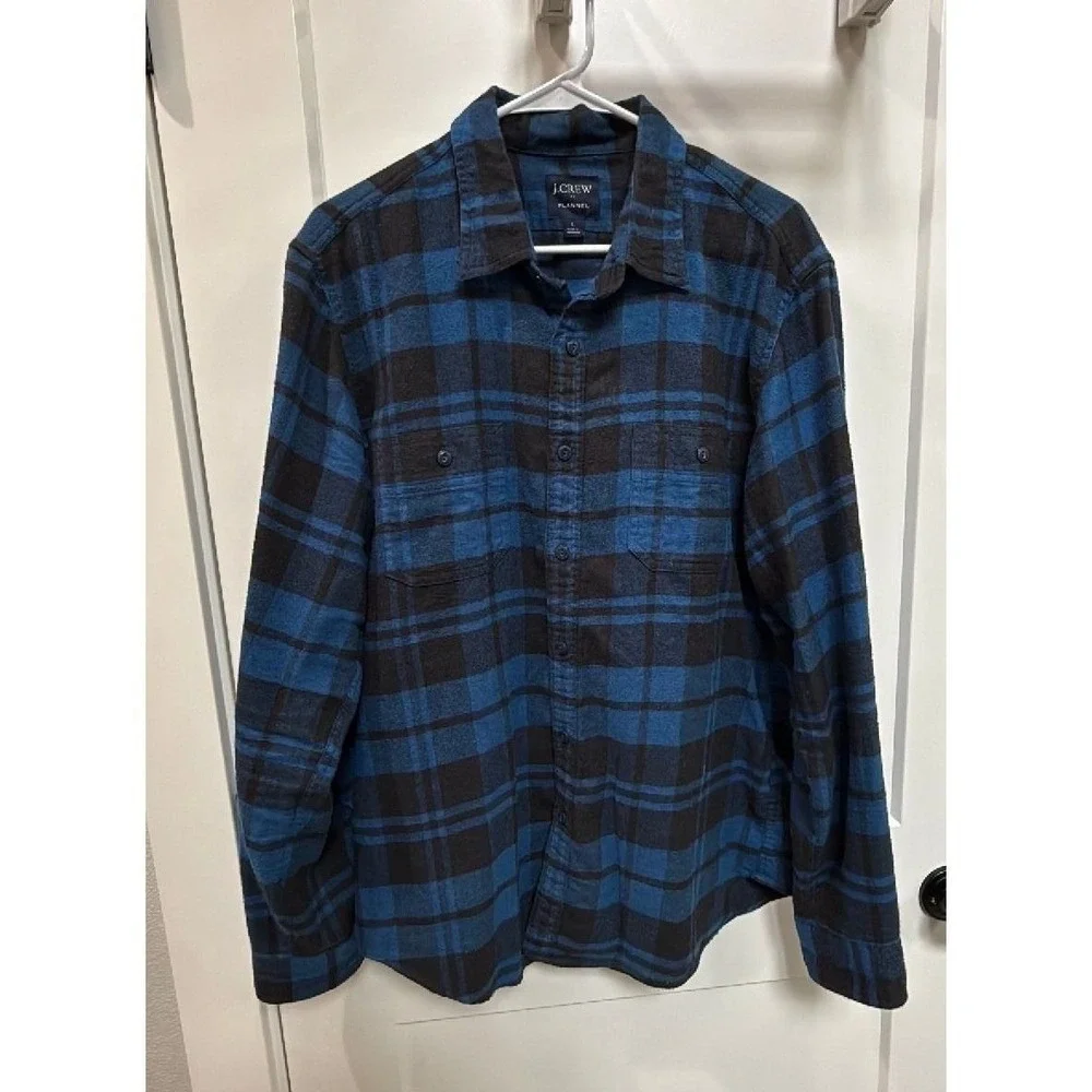 J.Crew Flannel Shirt Men's Large‎ Blue Black Plaid 100% Cotton Button Down
